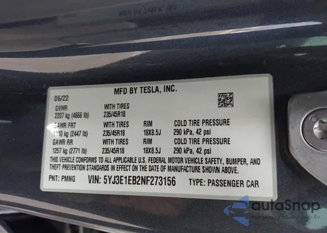 2022 Tesla Model 3 Long Range Dual Motor All-Wheel Drive z USA, uszkodzony, nr VIN 5YJ3E1EB2NF273156